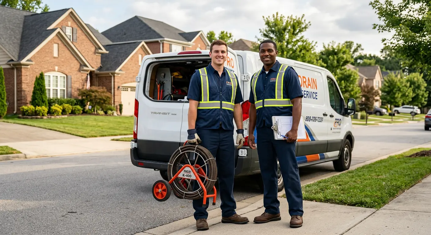 Sewer and drain service team with equipment ready for work in Speedway