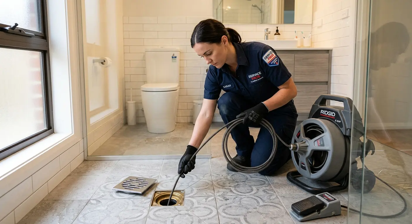 Technician clearing a bathroom floor drain for Clogged Drain Repair in Speedway